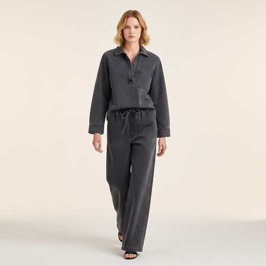 Casual todelt denimlook | Top med krave og højtaljede bukser til kvinder