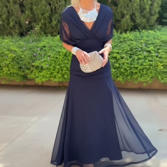 Elegant plisseret A-line kjole med print | Ankel-lang fest- og cocktailkjole