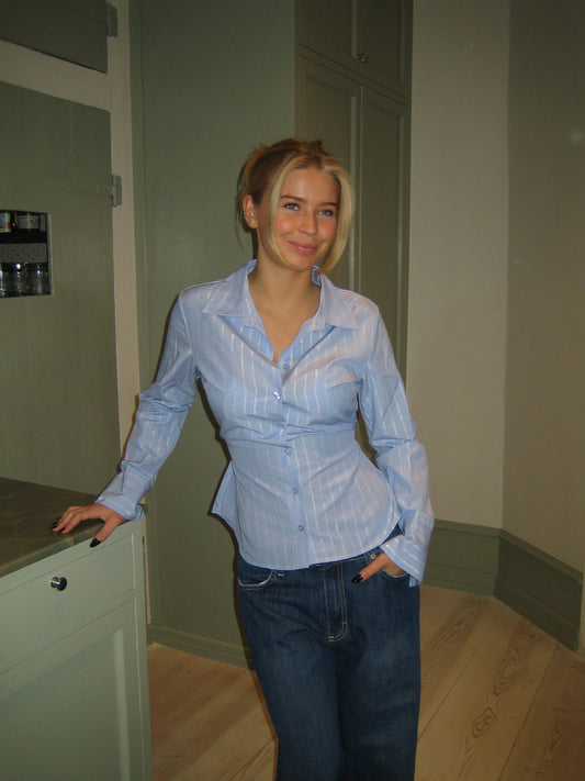 Kvinder Stribet Skjorte | Langærmet Slim Fit Bluse med Krave og Bælte