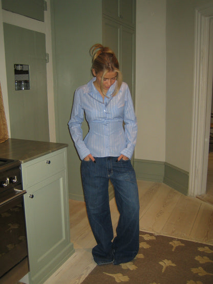 Kvinder Stribet Skjorte | Langærmet Slim Fit Bluse med Krave og Bælte