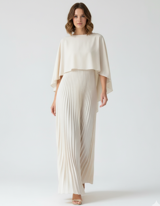 Elegant Lang Kjole til Kvinder | Plisseret Design med Kappe-ærmer | Perfekt til Fest og Aftenbrug