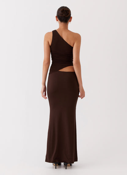Lang figursyet kjole med one-shoulder – Cut-out ved taljen | Rynkedetaljer | Maxi-længde | Elegant, kropsnær silhuet