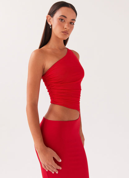 Lang figursyet kjole med one-shoulder – Cut-out ved taljen | Rynkedetaljer | Maxi-længde | Elegant, kropsnær silhuet