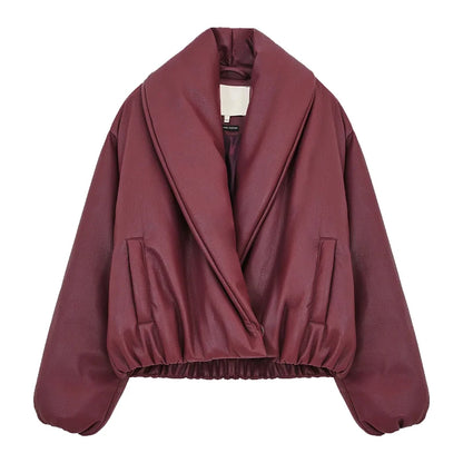 Elegant Kort Faux Leather Bomberjakke Med Voluminøs Krave