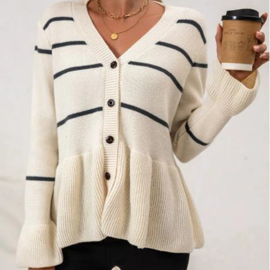 Klassisk damecardigan i strik | V-udskæring | Stribet design med knapper
