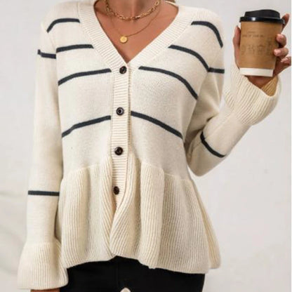 Klassisk damecardigan i strik | V-udskæring | Stribet design med knapper