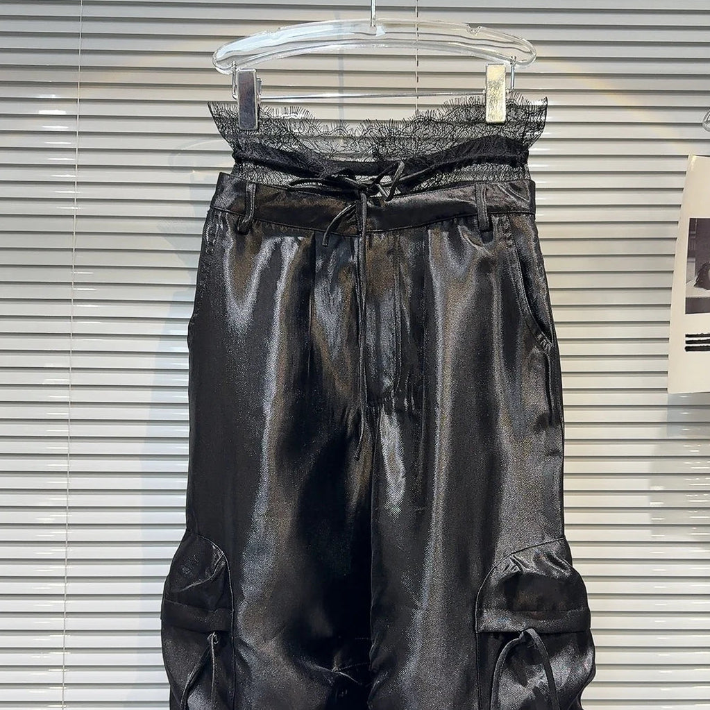 Elegant Casual Cargo Bukser Med Snøre- Og Blondekant