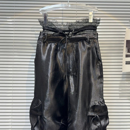 Elegant Casual Cargo Bukser Med Snøre- Og Blondekant