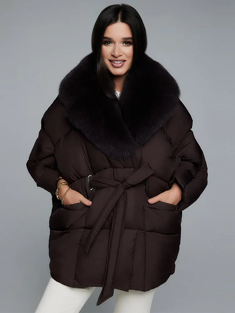 Elegant Padded Jakke Med Faux Fur Krave Og Bindebånd