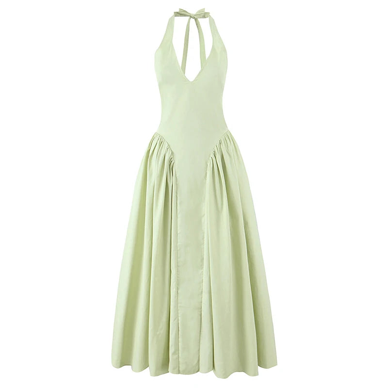 Halter midi kjole – Dyb V-udskæring | Åben ryg | Lav talje | A-line skørt | Elegant til events