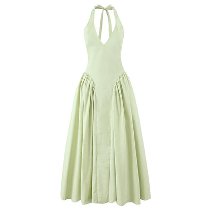 Halter midi kjole – Dyb V-udskæring | Åben ryg | Lav talje | A-line skørt | Elegant til events