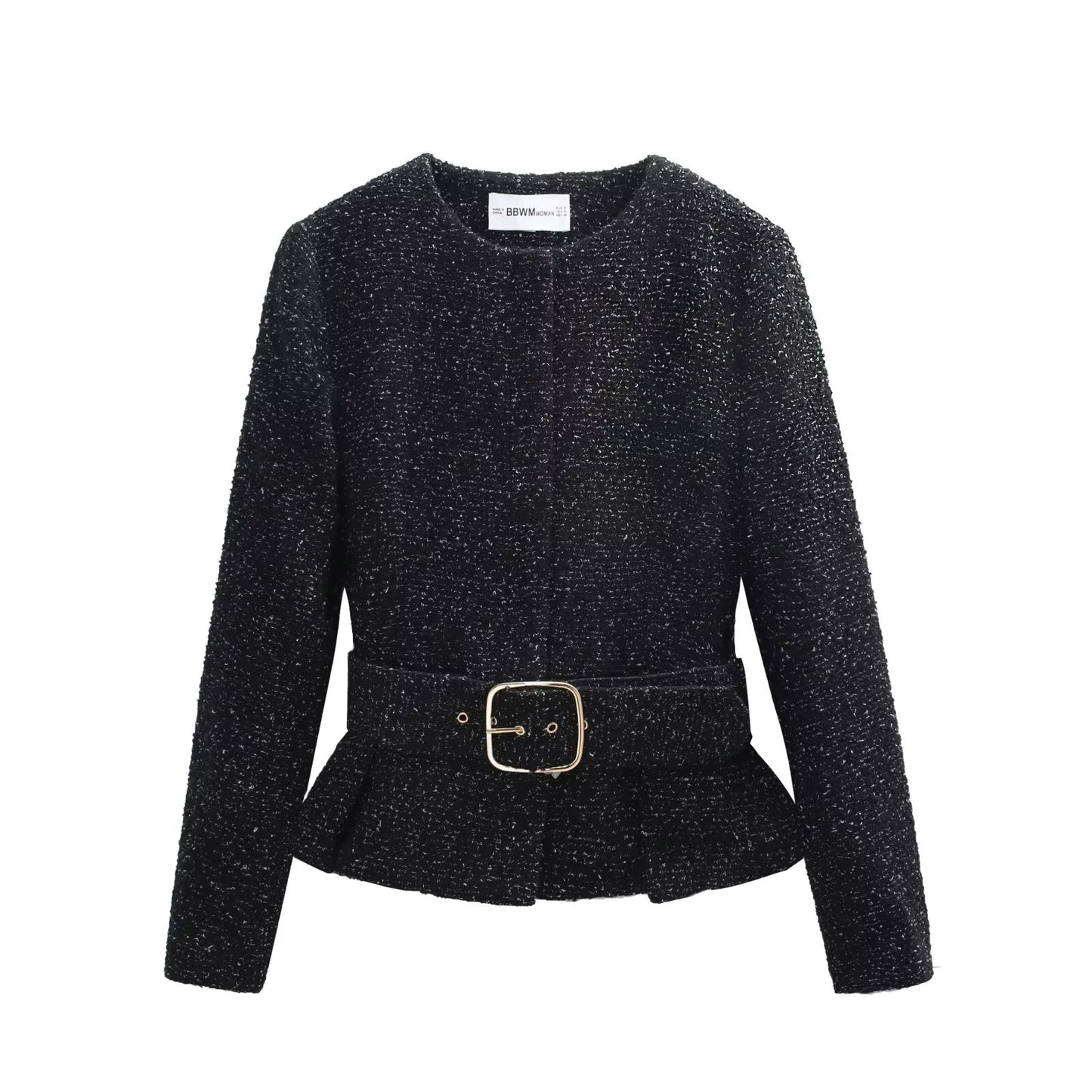 Sparkle-tweed inspireret todelt sæt | Peplumjakke med bælte | Teksturshorts