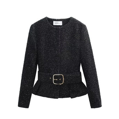 Sparkle-tweed inspireret todelt sæt | Peplumjakke med bælte | Teksturshorts