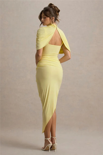 Half Sleeve Maxikjole | Backless & Rynket | Turtleneck A-Linje Kjole