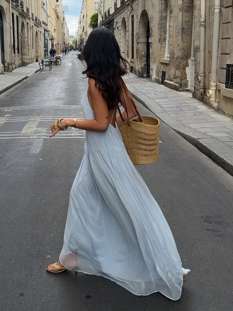 Plisseret lang kjole til kvinder | A-linjeformet rygløs maxikjole