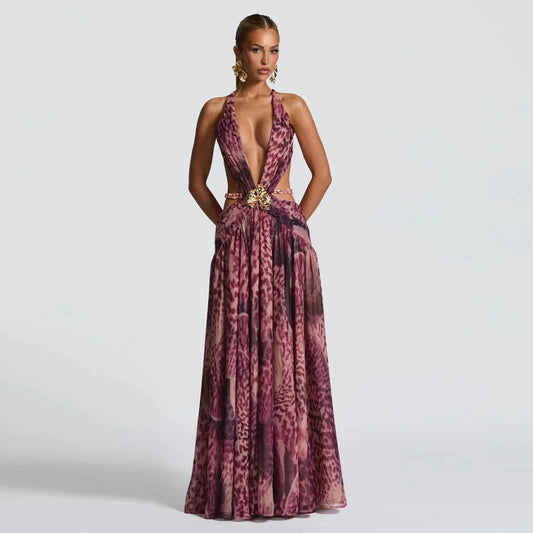 Maxi kjole med patchwork og halterneck | Elegant og feminin silhuet