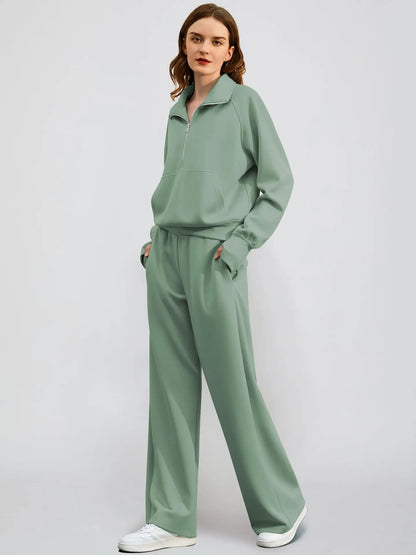 Dame Jogging Sæt | Halv Lynlås Sweatshirt & Vide Bukser | Komfortabelt & Stilrent To-delt Sæt