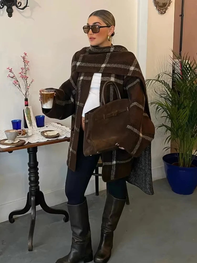 Lang ternet frakke med integreret tørklæde | Elegant vinterfrakke til kvinder