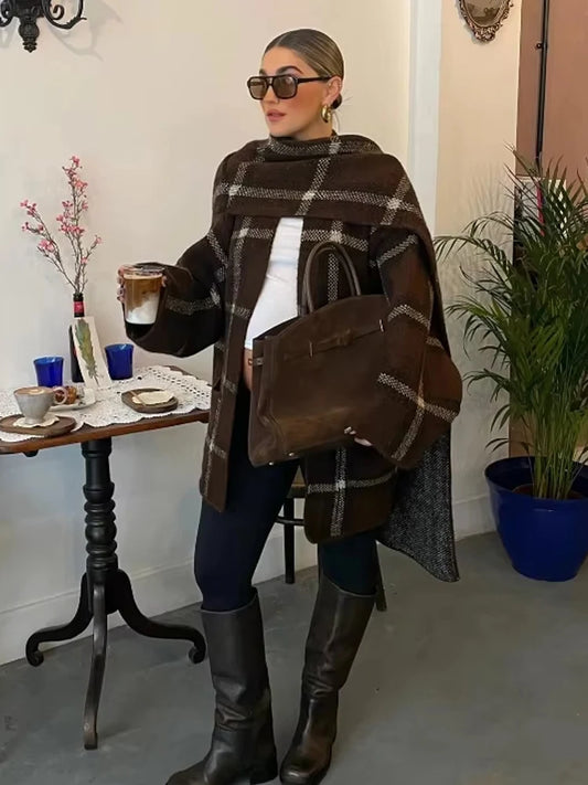 Lang ternet frakke med integreret tørklæde | Elegant vinterfrakke til kvinder