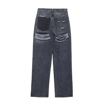 Kvinders højtaljede jeans | Patchwork denim med slidte detaljer | Lige ben