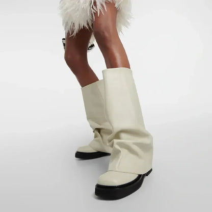 Knelange støvler til kvinder | Rynket skaft | Flad sål og rund snude