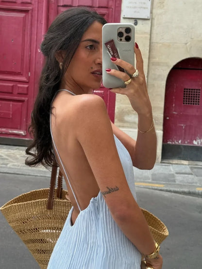 Plisseret lang kjole til kvinder | A-linjeformet rygløs maxikjole