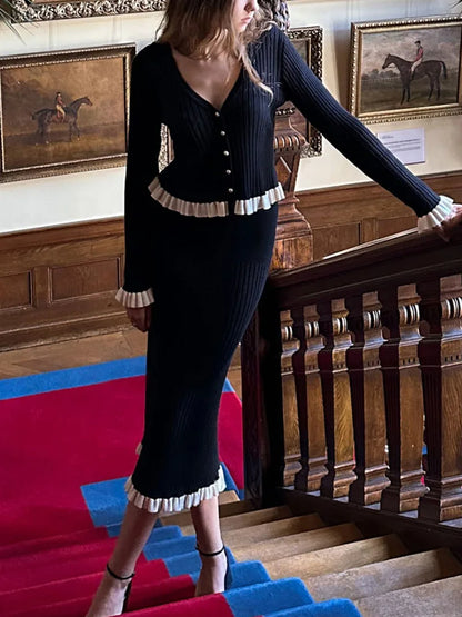 Ribstrikket to-delt sæt | Figursyet cardigan | Lang ribnederdel