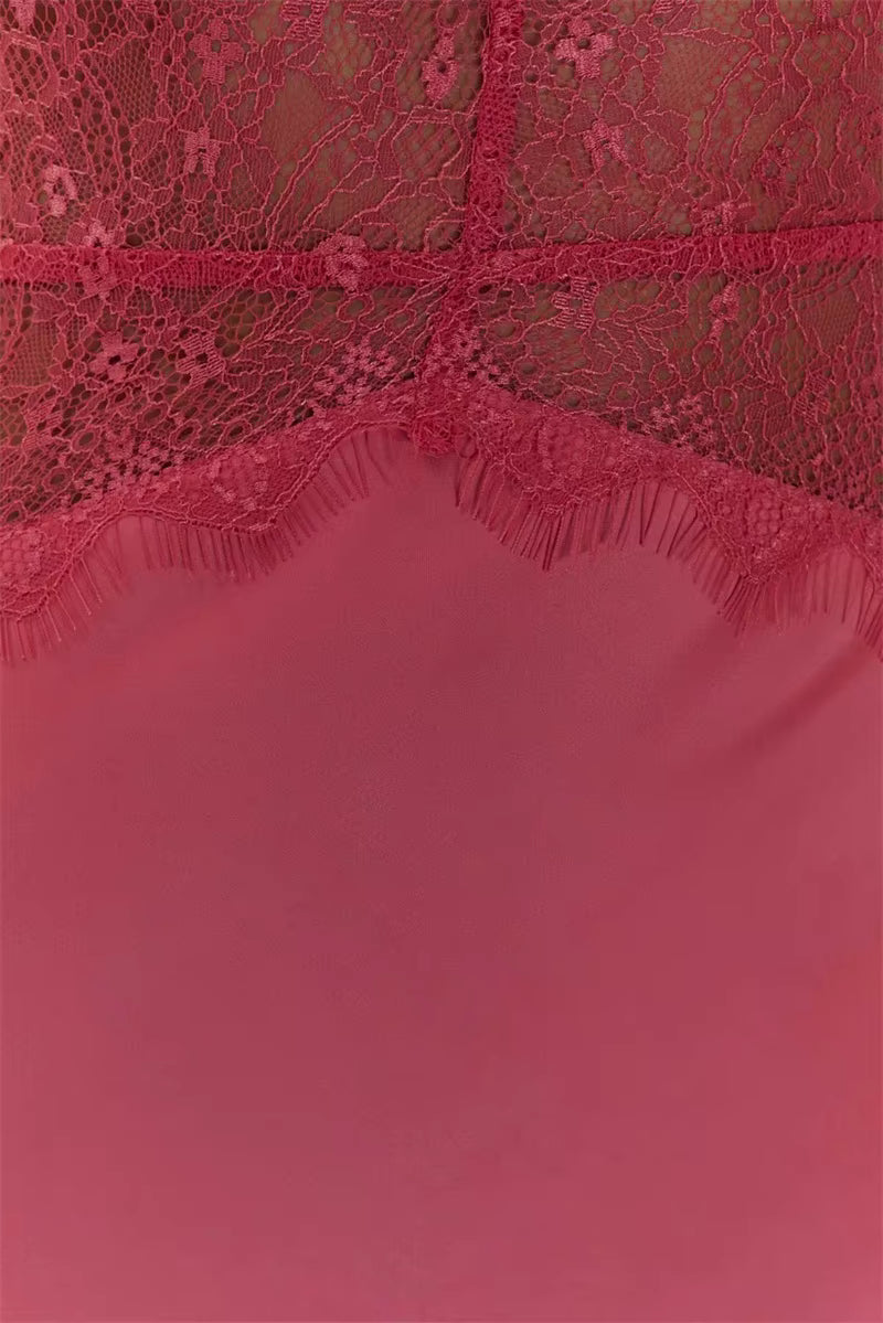 Lang satinkjole til kvinder | Rygløs blondekjole | Dyb V-hals