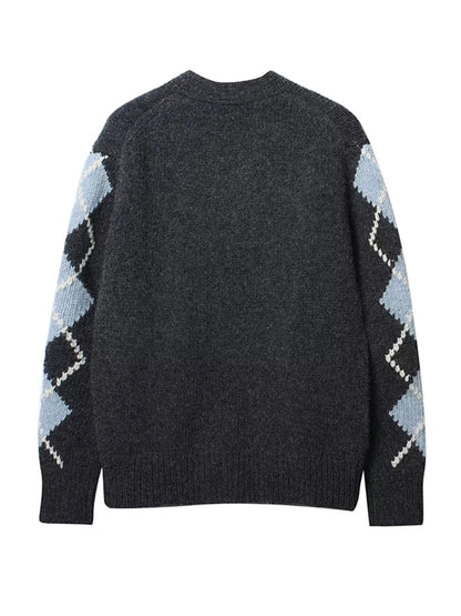 Elegant Vintage Argyle Cardigan Med Løs Pasform