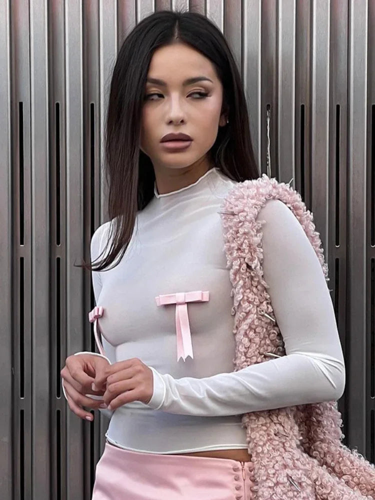 Kvinders tætsiddende langærmet top | Slankt snit | Sløjfedetaljer