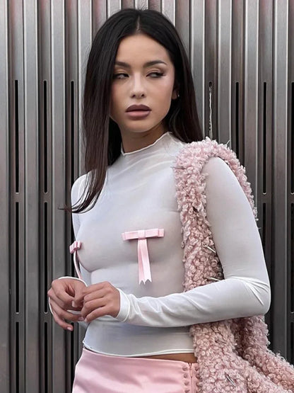 Kvinders tætsiddende langærmet top | Slankt snit | Sløjfedetaljer