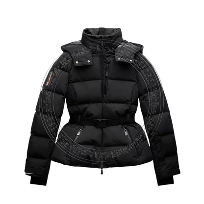 Dame vinterjakke med hætte | Foret pufferdesign med bælte | Varm og vindtæt