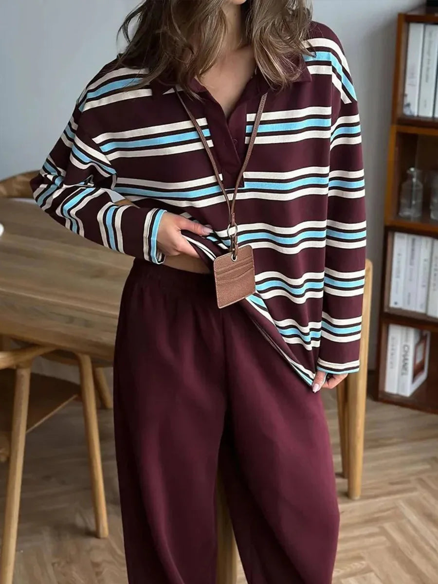 Langærmet T-shirt til Kvinder | Button Lapel | Stribet Casual Top | Slim Fit