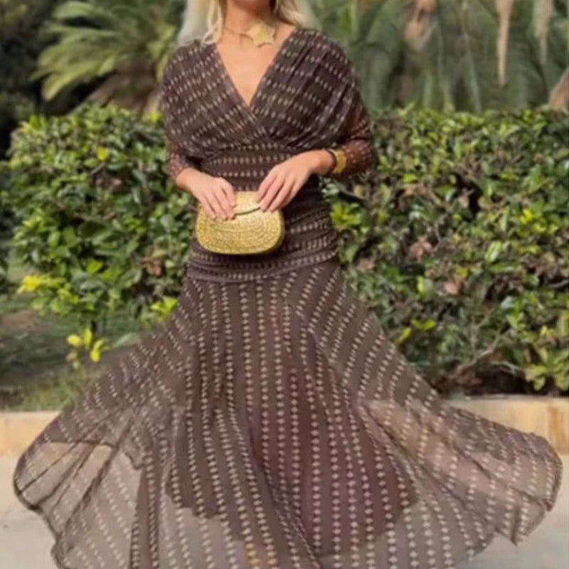 Elegant plisseret A-line kjole med print | Ankel-lang fest- og cocktailkjole