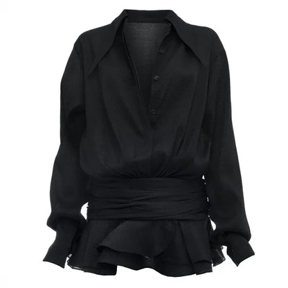 Elegant sort skjorte med taljedetalje | Langærmet bluse med slå-om effekt