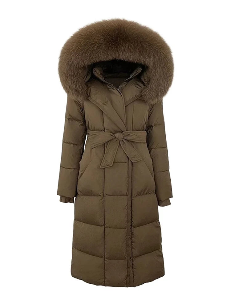 Lang vatteret vinterfrakke til kvinder | Bindebælte | Hætte med imitert pelskant