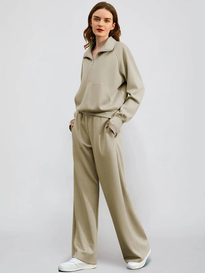 Dame Jogging Sæt | Halv Lynlås Sweatshirt & Vide Bukser | Komfortabelt & Stilrent To-delt Sæt