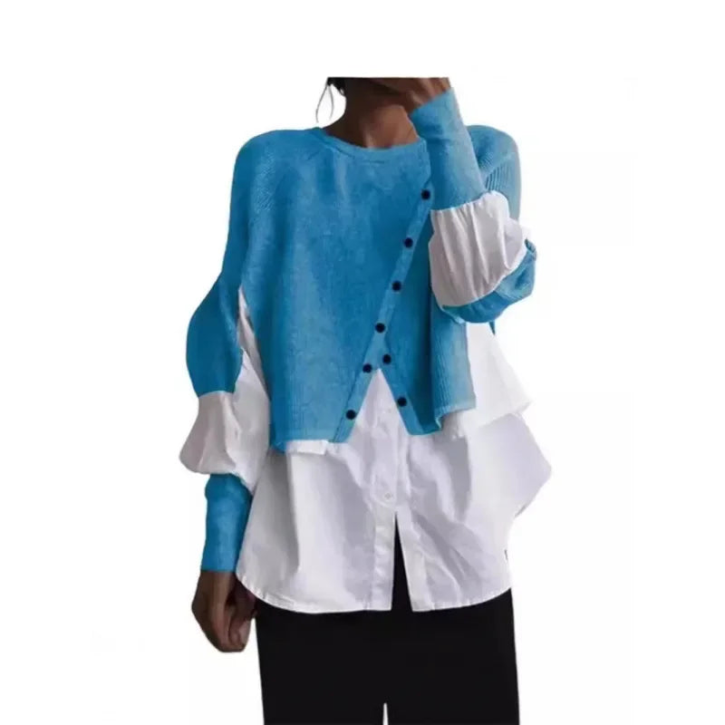 Striktrøje med Skjorte-Detalje | Patchwork Crew Neck Top | Elegant Dameoverdel