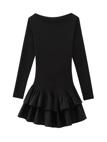 Kort kjole med lagdelt skørt | Lange ærmer | Elegant O-hals design