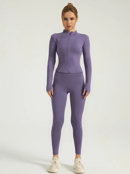 Kvinders todelt træningssæt | Lynlåsjakke med høj hals og højtaljede leggings