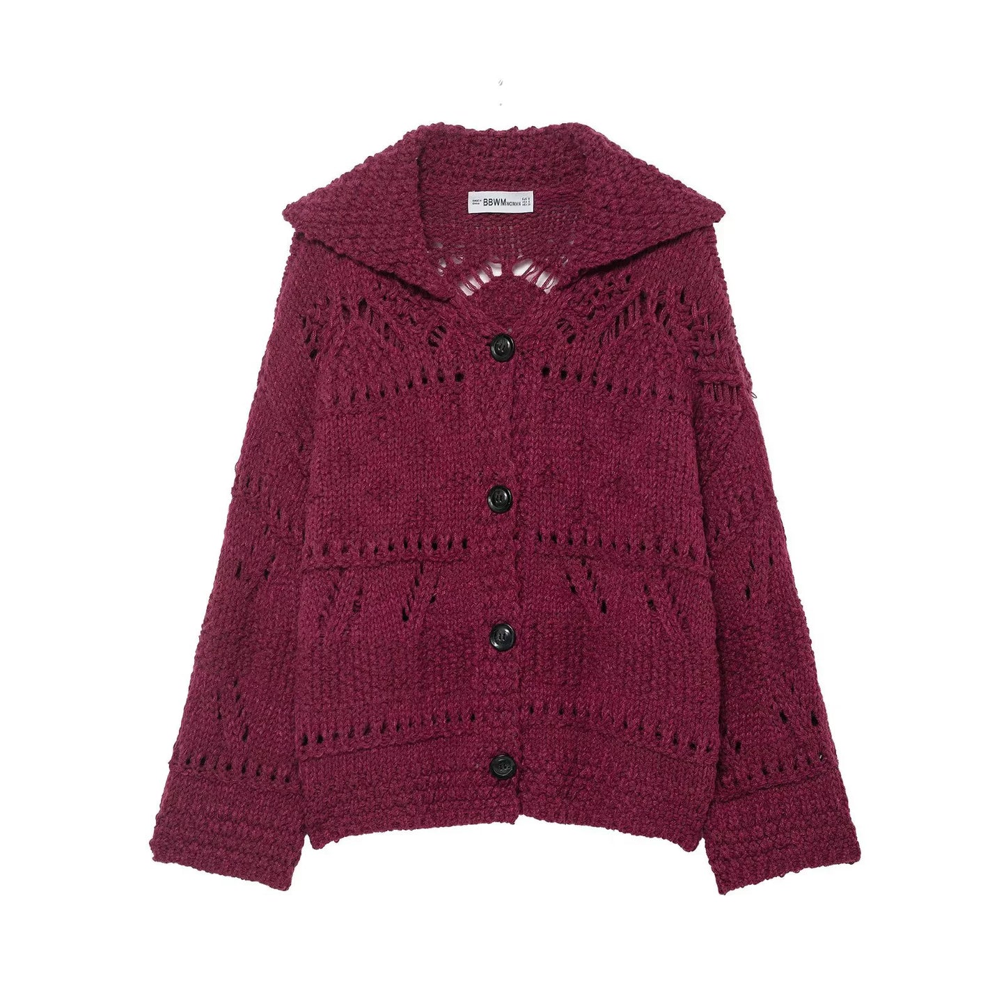 Elegant cardigan i grov strik med dekorativ hulstruktur og moderne designudtryk