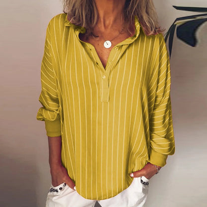 Stribet skjortebluse med V-udskæring og lange ærmer