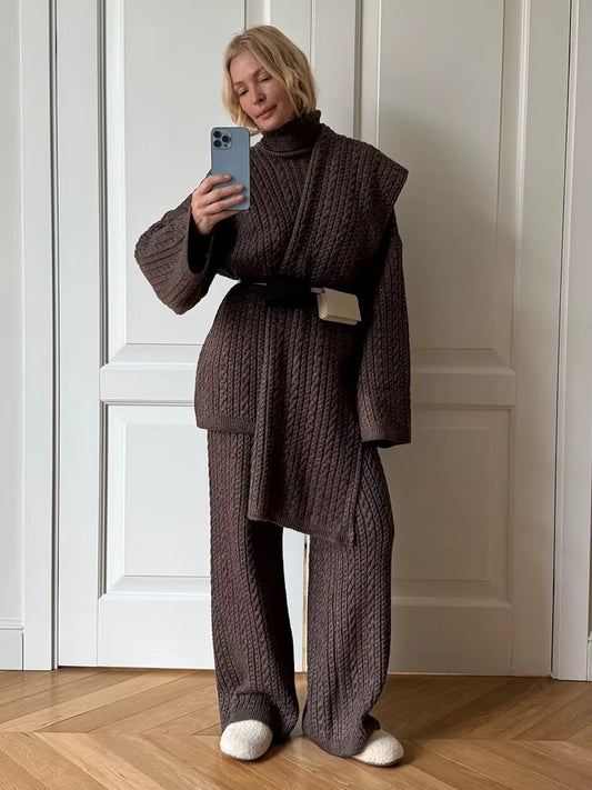 Strikket kabelsæt til kvinder med høj hals og vide bukser