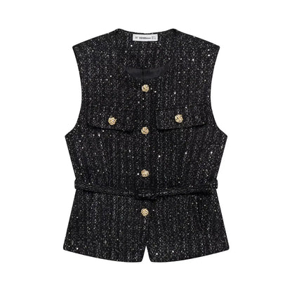 Ærmeløs vest til kvinder | Elegant taljeret design med bælte og guldknapper
