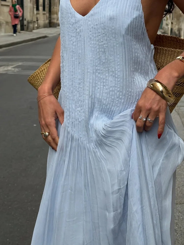 Plisseret lang kjole til kvinder | A-linjeformet rygløs maxikjole