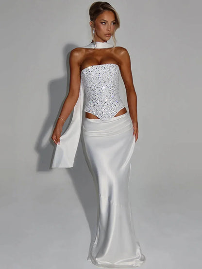 To-delt sæt til kvinder | Stropløs paillet-top | Satin maxinederdel til fest og aften