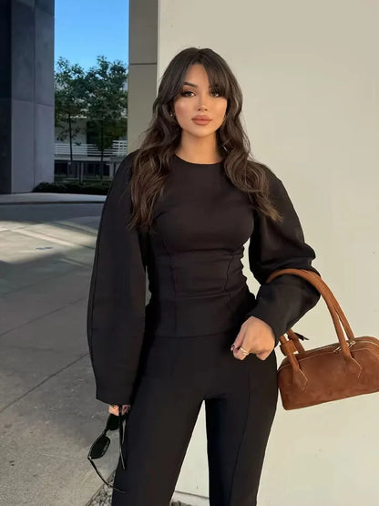 Elegant todelt sæt | Langærmet top og vide bukser til kvinder