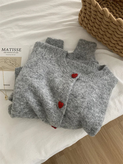 Dame cardigan i uld | Hjerteknapper | Blød varm strik til efterår/vinter
