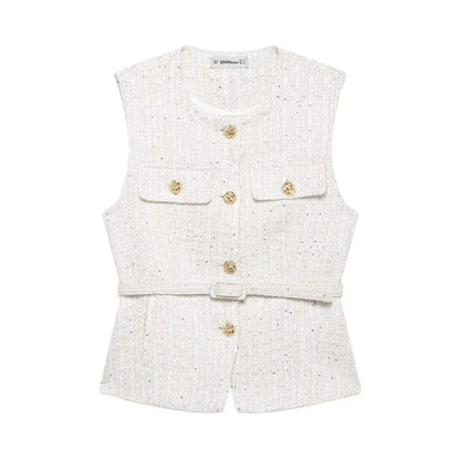 Ærmeløs vest til kvinder | Elegant taljeret design med bælte og guldknapper