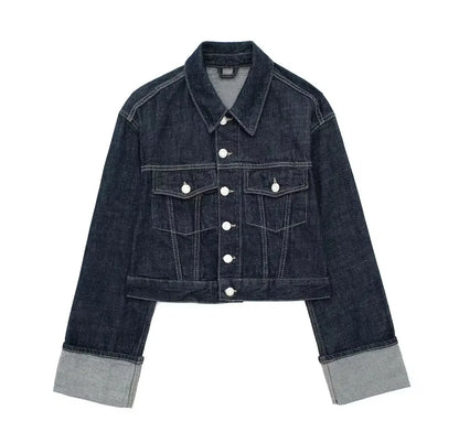 Kvinders denim sæt | Kort jakke og vide jeans | Klassisk look i mørk vask